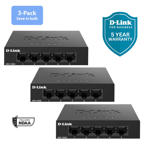 Three black D-Link DGS-105GL network switches shown in a 3-pack layout on a white background, with a blue '3-Pack Save in bulk' badge, a blue 'D-Link FOR BUSINESS 5 YEAR WARRANTY' shield, and a black-and-white 'FOLLOWS NDAA' badge.