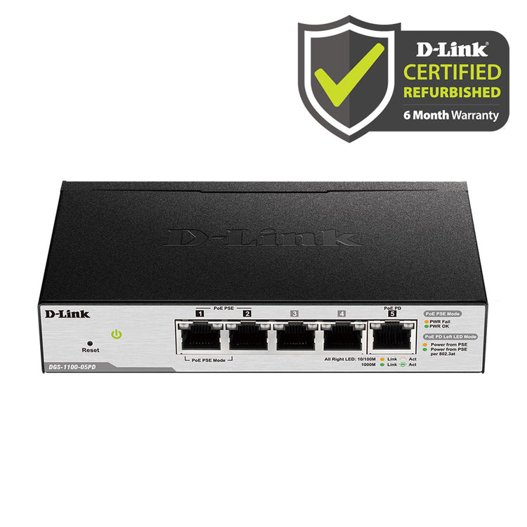 D-Link [Certified Refurbished] 5-Port Gigabit PoE Smart Managed Switch and PoE Extender - (DGS-1100-05PD/RE)