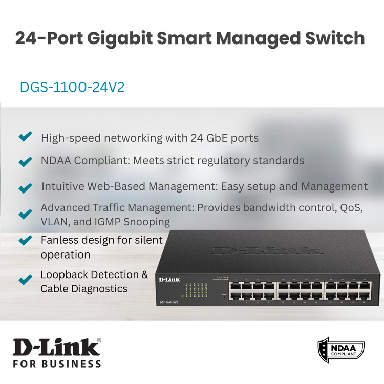 D-Link 24-Port Gigabit Smart Managed Switch | Web Managed | Cable Diagnostics | NDAA Compliant - (DGS-1100-24V2)