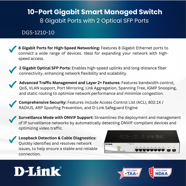 D-Link 10-Port Gigabit Smart Managed Switch (DGS-1210-10), 8 GbE + 2 O ...