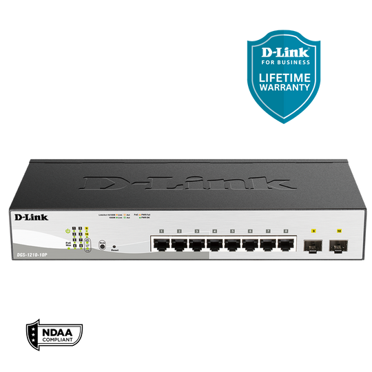 D-Link 10-Port Gigabit Smart Managed PoE+ Switch | 8 PoE+ Ports (65W) + 2 SFP Ports | Surveillance Mode | Fanless | NDAA Compliant (DGS-1210-10P)