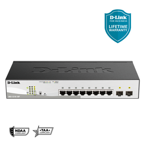 D-Link 10-Port Gigabit Smart Managed PoE+ Switch | 8 PoE+ Ports (65W) + 2 Optical SFP Ports | L3 Lite | Web Managed| Optional Nuclias Connect |Surveillance Mode | NDAA/TAA Compliant (DGS-1210-10P)