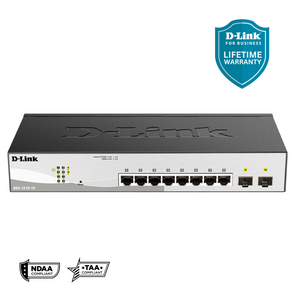 D-Link 10-Port Gigabit Smart Managed Switch | 8 GbE + 2 Optical SFP Ports | L3 Lite | Web Managed | Optional Nuclias Connect | Surveillance Mode | NDAA/TAA Compliant (DGS-1210-10)