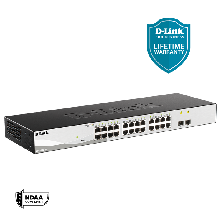 D-Link 26-Port Gigabit Smart Managed Switch | 24 GbE + 2 Optical SFP Ports| L2+| Web Managed| Optional Nuclias Connect |Surveillance Mode | NDAA Compliant (DGS-1210-26)