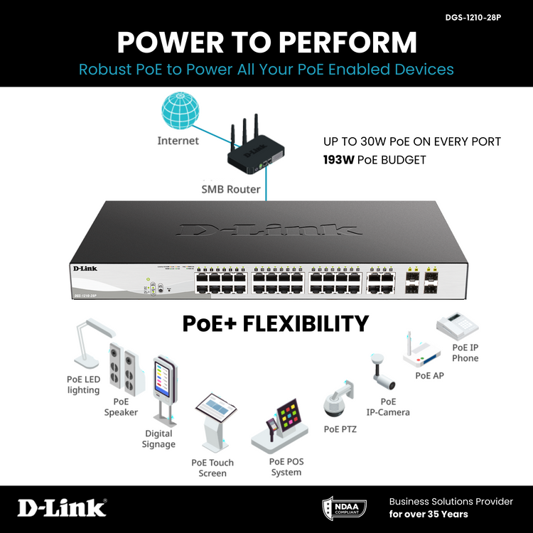 D-Link 28-Port Gigabit Smart Managed PoE+ Switch | 24 PoE+ Ports (193W) + 4 Combo SFP Ports | L2+| Web Managed| Optional Nuclias Connect |Surveillance Mode | NDAA Compliant (DGS-1210-28P)