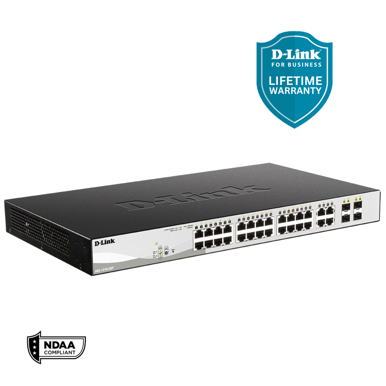 D-Link 28-Port Gigabit Smart Managed PoE+ Switch |24 PoE+ Ports (193W) + 4 SFP Combo Ports | Surveillance Mode | NDAA Compliant | Lifetime Warranty (DGS-1210-28P)