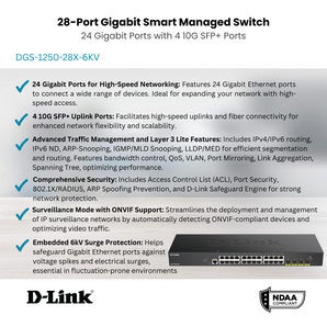 D-Link 28-Port Gigabit Smart Managed Switch | 24 GbE + 4 10G SFP+ Ports | L3 Lite| Web Managed | Surveillance Mode | NDAA Compliant (DGS-1250-28X-6KV)