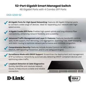 D-Link 52-Port Gigabit Smart Managed Switch | 48 GbE + 4 Combo SFP Ports| L3 Lite | Web Managed| Optional Nuclias Connect |Surveillance Mode | NDAA Compliant (DGS-1210-52)