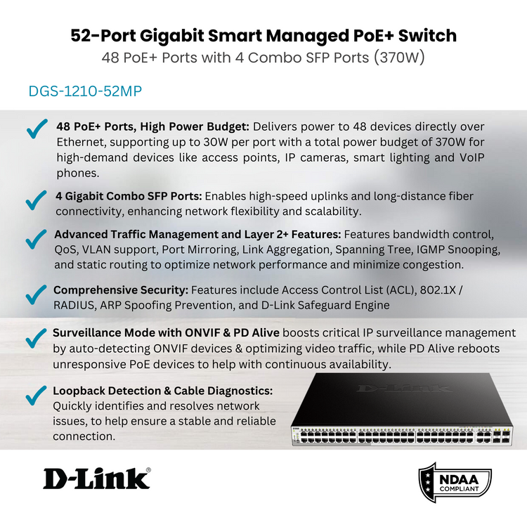 D-Link 52-Port Gigabit Smart Managed PoE+ Switch | 48 PoE+ Ports (370W) + 4 Combo SFP Ports | L2+| Web Managed| Optional Nuclias Connect |Surveillance Mode | NDAA Compliant  (DGS-1210-52MP)