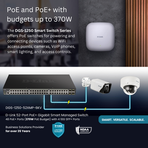 D-Link 52-Port Gigabit Smart Managed PoE+ Switch |48 PoE+ Ports (370W) + 4 10G SFP+ Ports| L3 Lite| Web Managed|Surveillance Mode | NDAA Compliant (DGS-1250-52XMP-6KV)