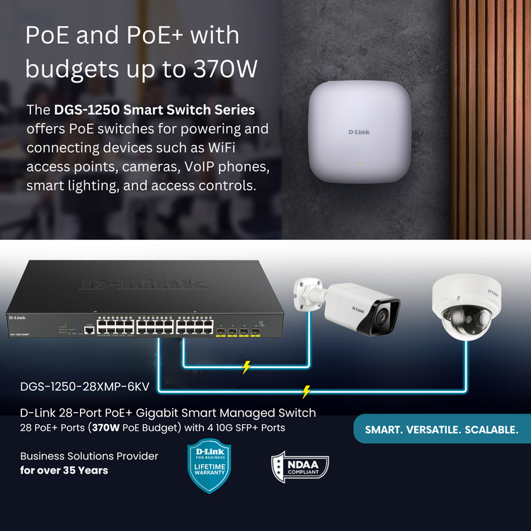 D-Link 28-Port Gigabit Smart Managed PoE+ Switch |24 PoE+ Ports (370W) + 4 10G SFP+ Ports | L3 Lite| Web Managed | Surveillance Mode | NDAA Compliant (DGS-1250-28XMP-6KV)