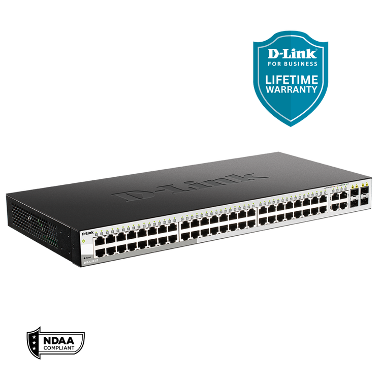 D-Link 52-Port Gigabit Smart Managed Switch | 48 GbE + 4 Combo SFP Ports| L2+| Web Managed| Optional Nuclias Connect |Surveillance Mode | NDAA Compliant (DGS-1210-52)