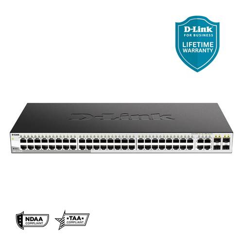 D-Link 52-Port Gigabit Smart Managed Switch (DGS-1210-52), 48 GbE + 4 Combo SFP Ports, L3 Lite , Web Managed, Surveillance Mode, Follows NDAA/TAA