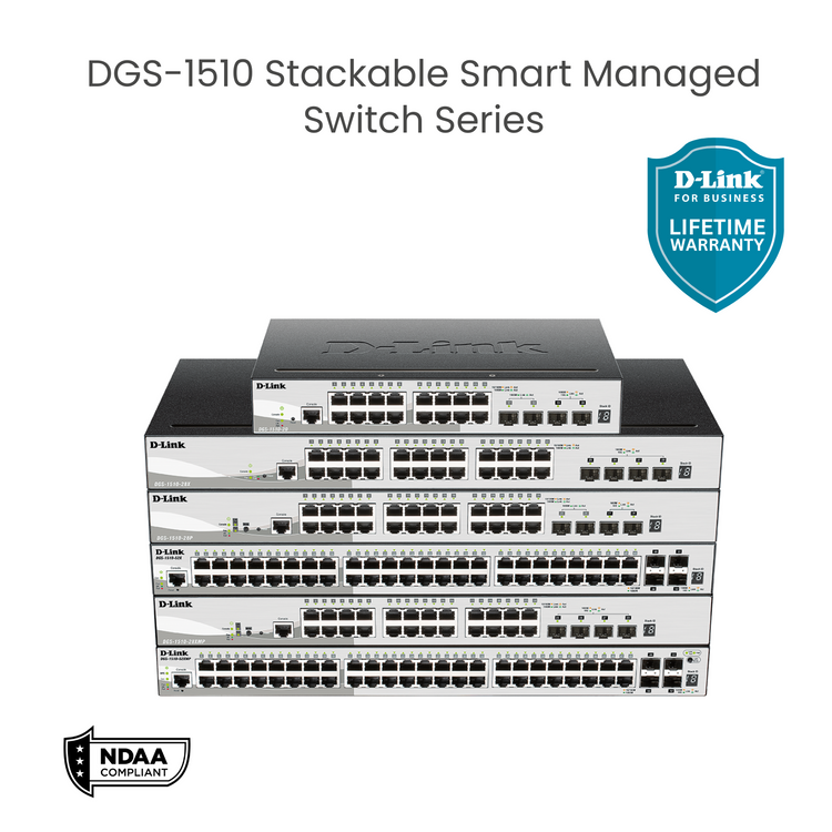 D-Link 20-Port Gigabit Stackable Smart Managed Switch 10G Uplinks | 16 Gigabit Ports + 2 10GbE SFP+ Ports + 2 SFP Ports| L3 Lite |VLANs |Web Managed |Surveillance Mode| NDAA Compliant -(DGS-1510-20)