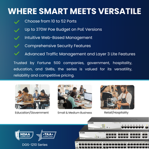 D-Link 10-Port Gigabit Smart Managed PoE+ Switch | 8 PoE+ Ports (65W) + 2 Optical SFP Ports | L3 Lite | Web Managed| Optional Nuclias Connect |Surveillance Mode | NDAA/TAA Compliant (DGS-1210-10P)