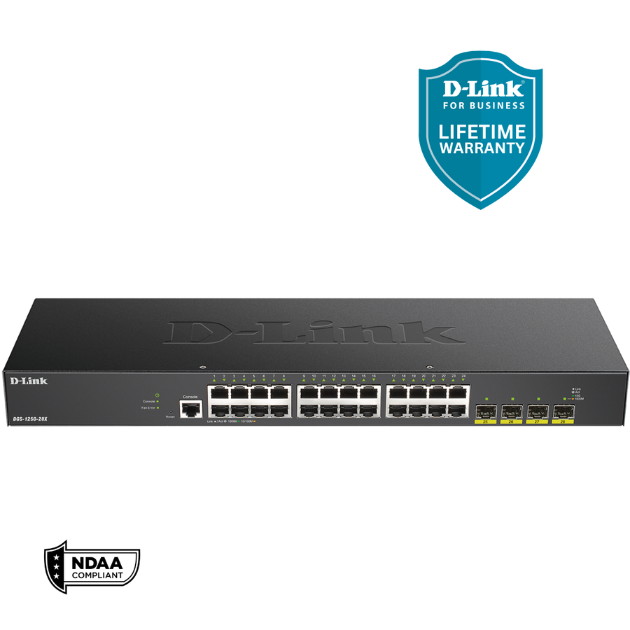 D-Link 28-Port Gigabit Smart Managed Switch | 24 GbE + 4 10G SFP+ Ports | L3 Lite| Web Managed | Surveillance Mode | NDAA Compliant (DGS-1250-28X-6KV)