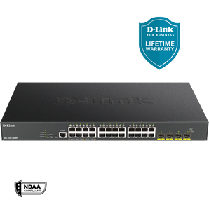 D-Link 28-Port Gigabit Smart Managed PoE+ Switch |24 PoE+ Ports (370W)+ 4 10G SFP+ Ports | L3 Lite| Web Managed| Surveillance Mode | NDAA Compliant (DGS-1250-28XMP-6KV)