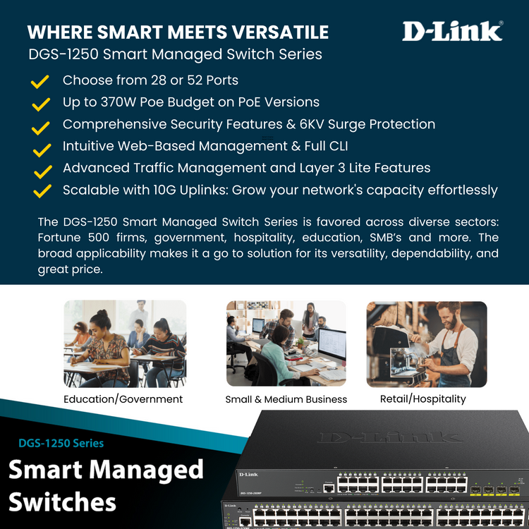 D-Link 28-Port Gigabit Smart Managed Switch | 24 GbE + 4 10G SFP+ Ports | L2/L3 Lite| Web Managed | Surveillance Mode | NDAA Compliant (DGS-1250-28X-6KV)