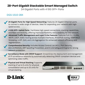 D-Link 28-Port Gigabit Stackable Smart Managed Switch with 10G Uplinks | 24 Gigabit Ports + 4 10GbE SFP+ Ports| L3 Lite |VLANs |Web Managed |Surveillance Mode |NDAA Compliant - (DGS-1510-28X)