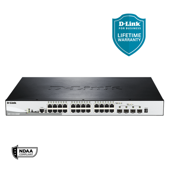D-Link 28-Port Gigabit Stackable Smart Managed PoE+ Switch with 10G Uplinks| 24 PoE+ Ports (370W) + 4 10GbE SFP+ Ports| L3 Lite |VLANs |Web Managed |Surveillance Mode | NDAA Compliant - (DGS-1510-28XMP)