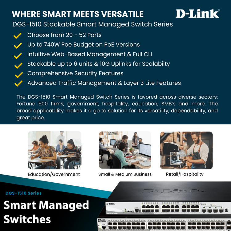 D-Link 20-Port Gigabit Stackable Smart Managed Switch 10G Uplinks | 16 Gigabit Ports + 2 10GbE SFP+ Ports + 2 SFP Ports| L3 Lite |VLANs |Web Managed |Surveillance Mode| NDAA Compliant -(DGS-1510-20)