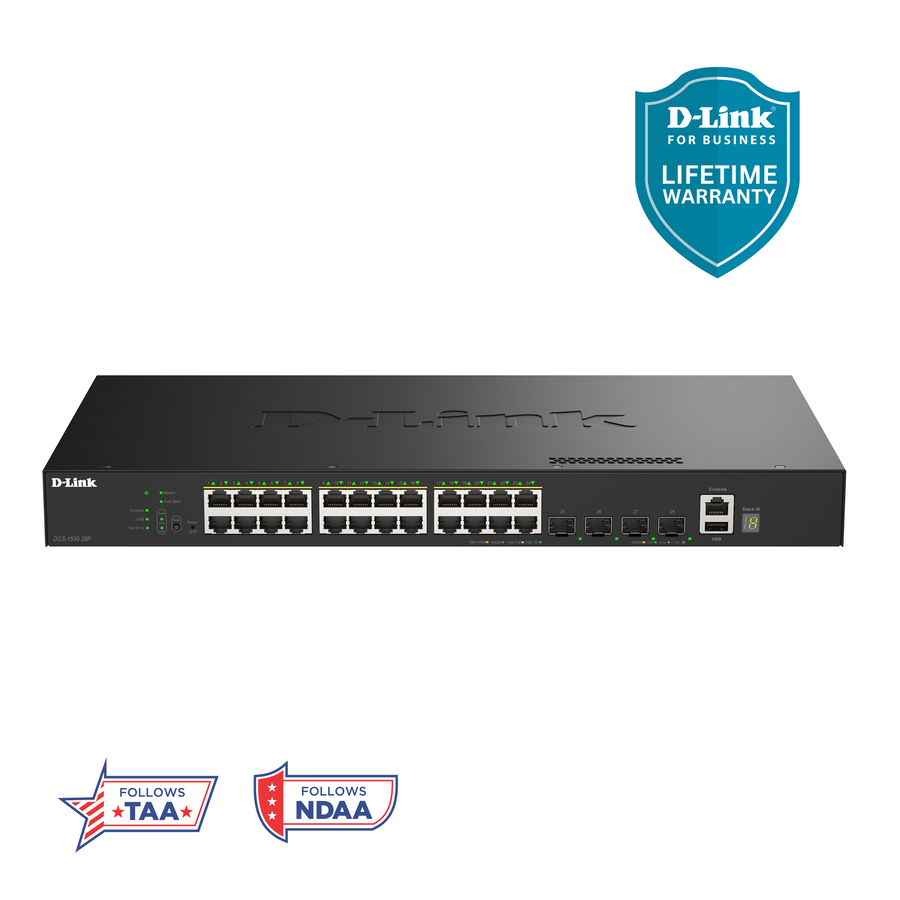 D-Link 28-Port Gigabit Stackable Managed PoE+ Ethernet Switch with 10GbE Uplinks (DGS-1530-28P) | 24 PoE+Ports (370W) + 4x 10GbE SFP+ Ports, L3 Lite, VLANs, Rackmount, Follows NDAA/TAA