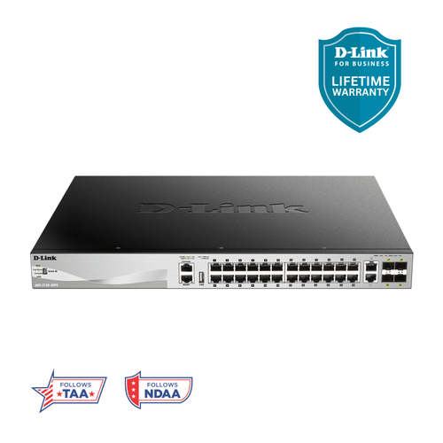 D-Link 30-Port Managed Stackable PoE+ Switch with 10GbE Ports (DGS-3130-30PS), 24 PoE+ Ports (370W/740W) + 2 10GbE Copper Ports + 4 10G SFP+ Ports, L3, Follows NDAA/TAA