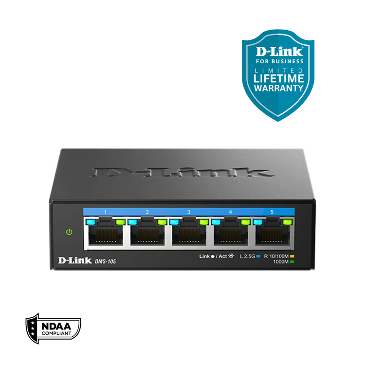 D-Link 5-Port 2.5Gb Unmanaged Gaming Switch with 5 x 2.5Gb - Multi-Gig, Network, Fanless, Plug & Play (DMS-105)