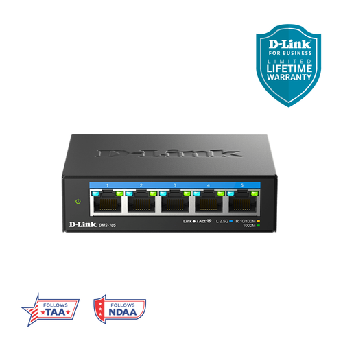 D-Link 5-Port 2.5Gb Unmanaged Gaming Switch (DMS-105) with 5 x 2.5Gb ports - Multi-Gig, Network, Fanless, Plug & Play