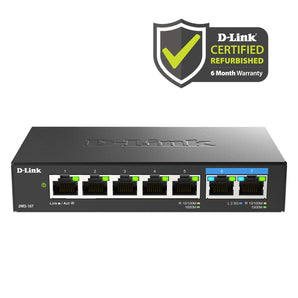 [Certified Refurbished] D-Link 7-Port Multi-Gigabit (2.5Gb) Unmanaged Ethernet Switch (DMS-107/RE) with D-Link Certified Refurbished logo on a white background