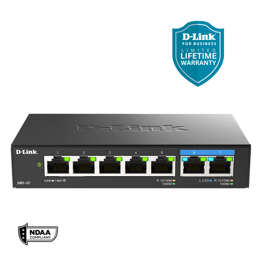 D-Link 7-Port Multi-Gigabit (2.5Gb) Unmanaged Ethernet Switch | 2 x 2.5 Gb, 5 x 10/100/1000Mbps Ports - (DMS-107)