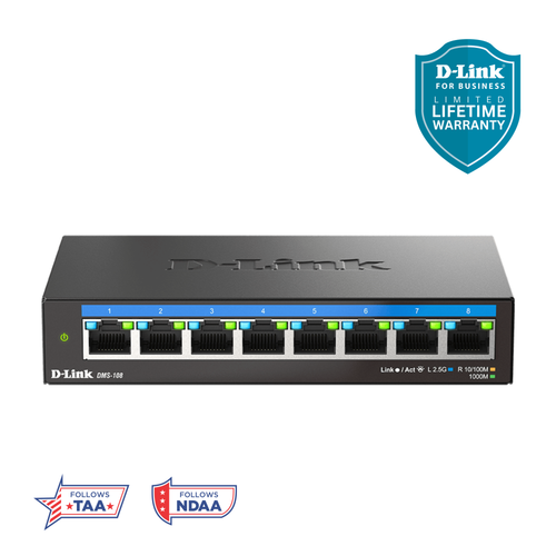 D-Link 8-Port 2.5Gb Unmanaged Gaming Switch (DMS-108) with 8 x 2.5G - Multi-Gig, Network, Fanless, Plug & Play, Follows NDAA/TAA, Limited Lifetime Warranty