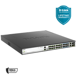 D-Link 30-Port Managed Multi-Gigabit PoE++ Stackable Switch with 25GbE Uplinks | 16 1G/2.5G Ports + 8 1/2.5/5/10G Ports + 4 10/25G SFP28 Uplinks | PoE++ (740W/960W) | L3 | Stacking | Optional D-View| NDAA Compliant - (DMS-3130-30PS)