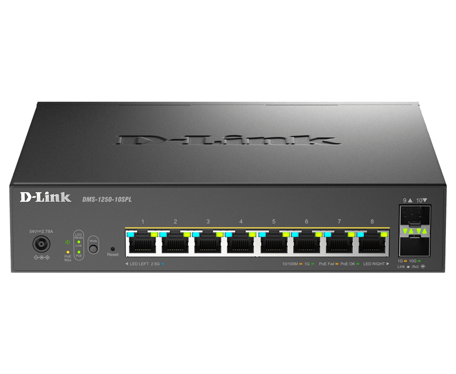 D-Link 10-Port Multi-Gigabit Smart Managed PoE Switch with 2 10G SFP+ (DMS-1250-10SPL) | 8 2.5G PoE Ports