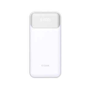 White D-Link 20000mAh power bank with digital display on a white background