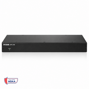 D-Link DPS-700 black electronic device on a white background with a reflection, featuring a small NDAA follows badge in the bottom-left corner.