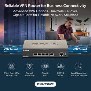 D-Link Gigabit VPN Router | Perfect for Remote and Hybrid Work | 4 Port Gigabit Dual WAN Failover | Enterprise-Grade Encryption | TAA/NDAA Compliant | Limited Lifetime Warranty (DSR-250V2)