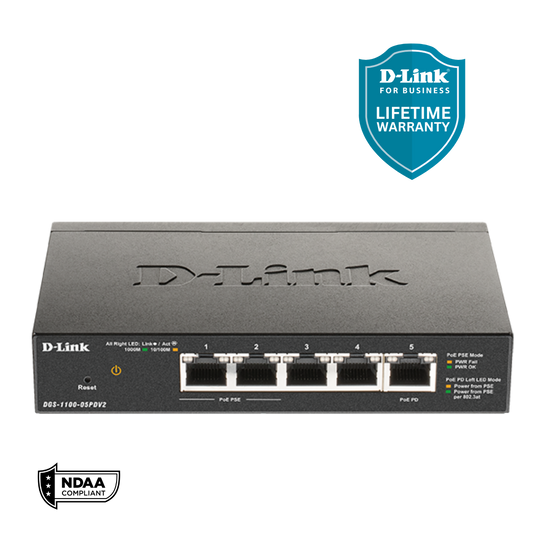 D-Link 5-Port Gigabit Smart Managed PoE-Powered Smart Managed Switch / PoE Extender | 2 PoE pass-through ports | Metal Compact| NDAA Compliant - (DGS-1100-05PDV2)