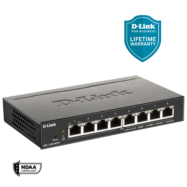 D-Link 8-Port Gigabit Smart Managed PoE+ Switch | 8 PoE+ Ports (64W) | Compact Metal Desktop |NDAA Compliant - (DGS-1100-08PV2)