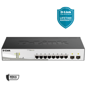 D-Link 10-Port Gigabit Smart Managed Switch | 8 GbE + 2 Optical SFP Ports | L3 Lite | Web Managed | Optional Nuclias Connect | Surveillance Mode | NDAA Compliant (DGS-1210-10)