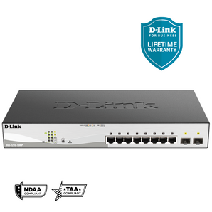 D-Link 10-Port Gigabit Smart Managed PoE+ Switch | 8 PoE+ Ports (130W) + 2 Optical SFP Ports | L3 Lite | Web Managed| Optional Nuclias Connect |Surveillance Mode | NDAA/TAA Compliant (DGS-1210-10MP)