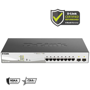 D-Link [Certified Refurbished] 10-Port Gigabit Smart Managed PoE+ Switch (DGS-1210-10MP/RE) 8 PoE+ Ports (130W) + 2 Optical SFP Ports | L3 Lite | NDAA/TAA Compliant