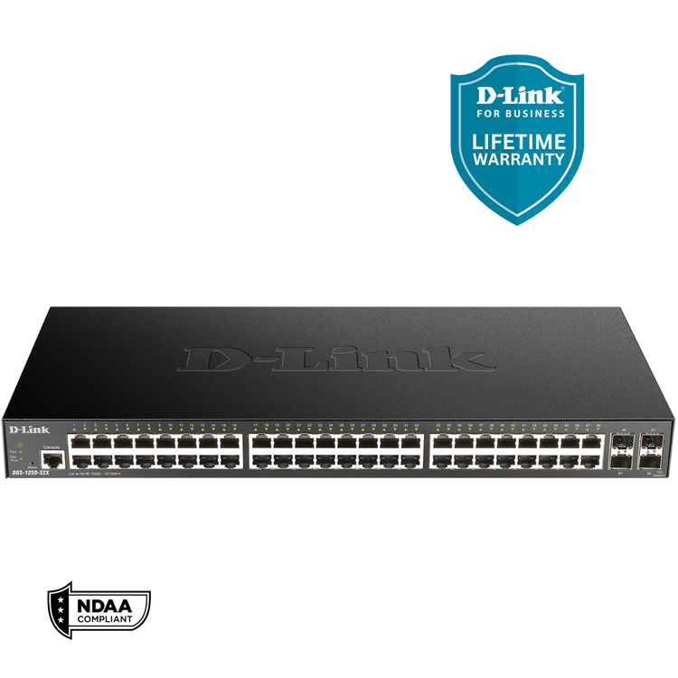 D-Link 52-Port Gigabit Smart Managed Switch | 48 GbE + 4 10G SFP+ Ports | L3 Lite| Web Managed | Surveillance Mode | NDAA Compliant (DGS-1250-52X-6KV)