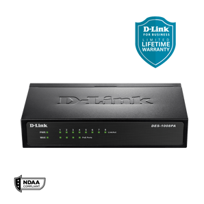 D-Link 8-Port Fast Ethernet PoE Unmanaged/ Plug and Play Switch | 4 PoE Ports, 58W PoE Budget | Metal Compact Desktop Switch - (DES-1008PA)