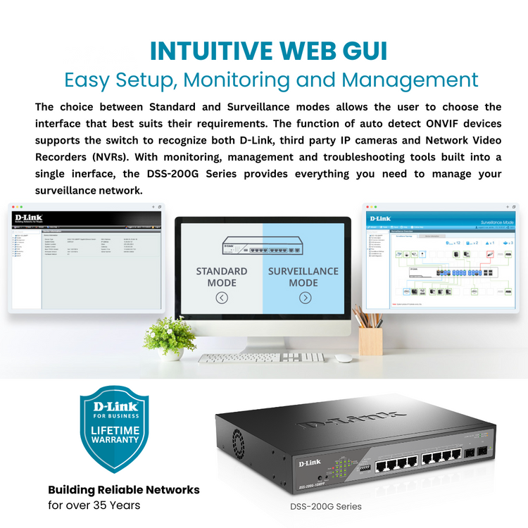 D-Link 8-Port Gigabit PoE++ Smart Managed Switch (242W PoE Budget) with 2 SFP Ports - (DSS-200G-10MPP)