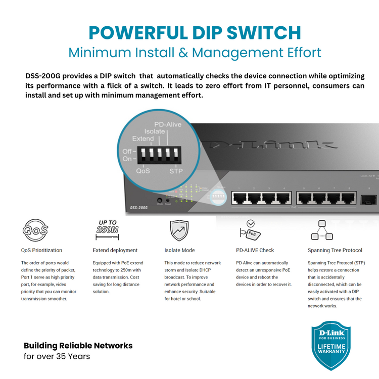 D-Link 8-Port Gigabit PoE+ Smart Managed Switch (130W PoE Budget) with 2 SFP Ports - (DSS-200G-10MP)