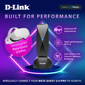 D-Link VR Air Bridge for Meta Quest 2/3/Pro - Dedicated WiFi 6 connection between Quest VR Headset and Gaming PC (DWA-F18)