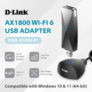 D-Link Wi-Fi 6 AX1800 Gigabit USB 3.0 Adapter with Cradle for Upgrading Desktop & Laptop PCs  - (DWA-X1850-B1)