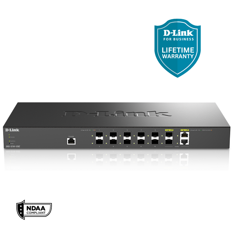 D-Link 12-Port 10 Gigabit Smart Managed Fiber Switch Including 10 SFP+ Ports, 2 10G/SFP+ Combo Ports-(DXS-1210-12SC)