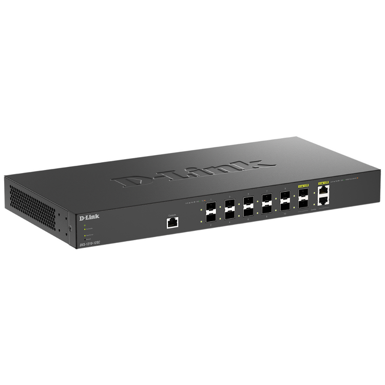 D-Link 12-Port 10 Gigabit Smart Managed Fiber Switch Including 10 SFP+ Ports, 2 10G/SFP+ Combo Ports-(DXS-1210-12SC)